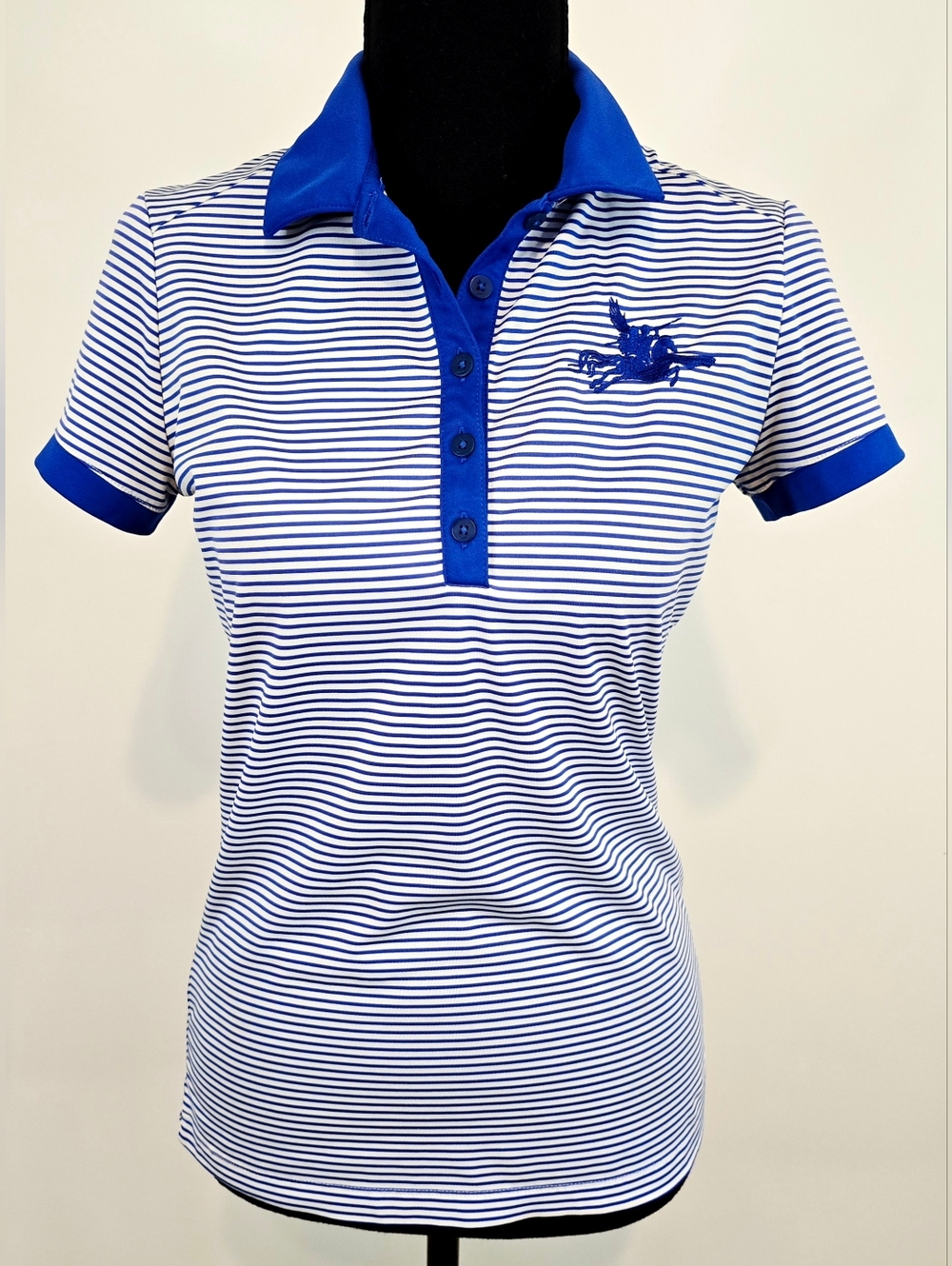 Nike Pegasus Golf Dri-FIT Striped Polo Blue White Logo Shirt Sz S Athleisure
